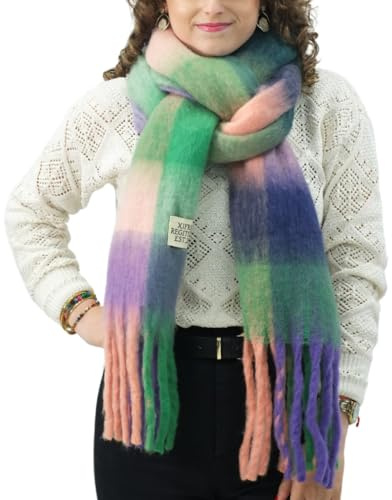 Xifrika Sciarpa da Donna Invernale XXL 248x39 cm a Quadri Verde e Viola. Sciarpa Morbida, Calda, Extra Large. 100% Poliestere con Frange per Uso Quotidiano