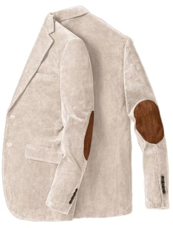 Mens Elbow Patch Blazer Corduroy Casual Sport Coat Vintage Single Breasted Winter Business Blazer Beige XXL