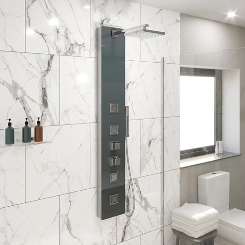 Architeckt® Luxury Thermostatic Shower Tower Column Panel, Three Function 3-in1 System with Rainfall Head Handset 4 Body Jets Showers Square, Grey Glass