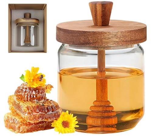 Dzmuero Dispensador de Miel, Dispensador Miel, Tarro de Miel de Madera de Acacia con Tapa y Cuchara de Madera, Recipiente de Cristal Sellado, Tarro de Boca Ancha para Guardar (Transparente)