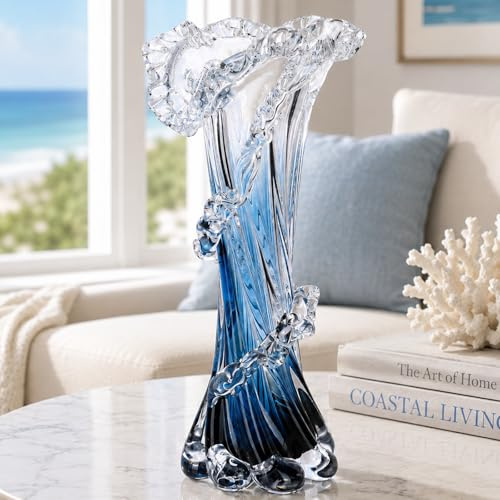 Jarrón de vidrio soplado azul, arte moderno soplado a mano, hermoso centro de mesa único de olas del océano para sala de estar, recámara, computadora de oficina, mesa de centro y decoración de boda (L