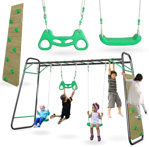 HyperMotion Kinderschaukel Outdoor Set - 2 Sitze, Kletterleiter, Trapez & Kletterwand - Stahlrahmen Pulverbeschichtet, Max. 200 kg - Bis zu 4 Kinder