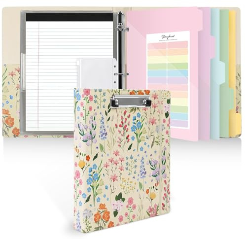 SKYDUE 1 Inch 3-Ring Binder with Clipboard, PU Aesthetic Binder with 5 Dividers, Notepad, Stickers & Pockets for Work and School (Letter Size)