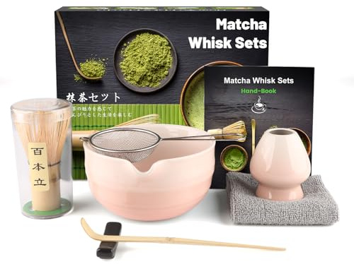 Anei 7 st matcha-set, matcha-te för att göra frukost/latte, whiskset och skål med alla tillbehör, gåva till älskare, gradient rosa skål, bambustimulerande