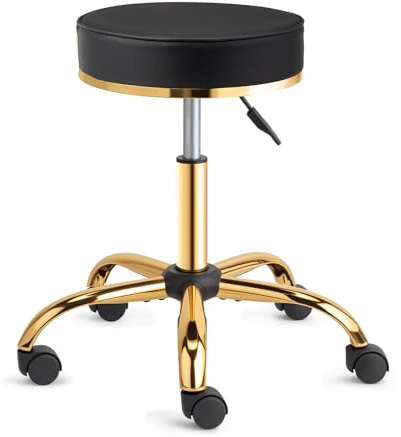 Bonnlo Round Rolling Stool with Wheels - Height Adjustable Swivel Stool - for Salon Massage Home Kitchen Clinic, Weight Capacity 400lbs, Black, Golden