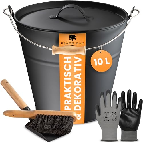 Black OACK FOGO 10L - Cubo de cenizas con tapa con mango de metal + cepillo + pala y guantes - 10 l acero galvanizado y recubierto de polvo para cenizas de carbón Pellets accesorios chimenea