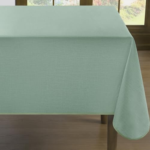 Romanstile Outdoor Green Table Cloth waterproof wipe clean Vinyl 140x200 cm Rectangular Oilcloth Table Cover faux-linen texture,Reinforced Edge for Patio,Garden Dining Table,Spring,Picnic,Camping,BBQ