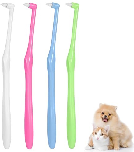 AEKZOX Cepillos de Dientes para Mascotas, 4 Piezas, con Cerdas de Nano Ultra Suaves, Cuidado Dental e Higiene Bucal, Kit de Limpieza Profunda para Cachorros, Gatitos, Perros Pequeños y Gatos, Mini