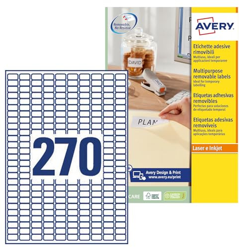 Avery España L4730REV-25 Etiquetas adhesivas papel blanco adhesivo removible sin residuos, 25 hojas A4, rectangulares 17,8x10mm, 270 etiquetas por hoja, adhesivo removible, impresora láser/inkjet