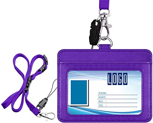 Wisdompro 2-Sided PU Leather ID Badge Holder with 1 ID Window and 1 Card Slot and 1 Piece 23 Inch Adjustable Polyester Detachable Neck Lanyard Strap （Holds 3 to 4 Cards）- Purple (Horizontal)