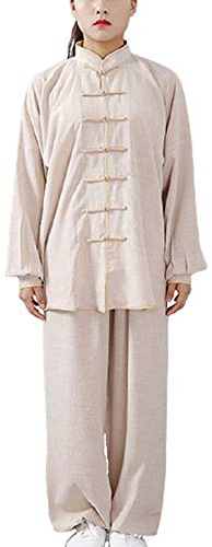 FUYUFU Coton et Lin Tenue de Tai Chi Unisexe Vêtements D’Arts Martiaux Kung-fu Costume pour Homme et Femme (Un Ensemble) (Kaki/Manches Longues, XS)