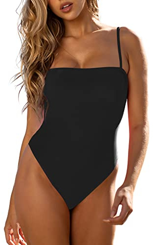 RELLECIGA Maillot de Bain 1 pièce pour Femme avec Bretelles Fines et Bandeau - Noir - Taille M