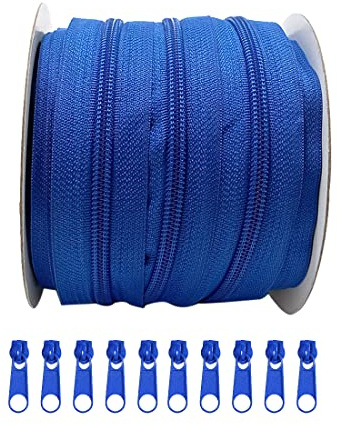 25 Metros Cremallera Continua de Nylon + 10 Cursores Libres Deslizadores de Metal para Coser, Costura, Cremallera para Coser en Ropa, Telas, Cremallera por Metros 5#, (Azul 3232)