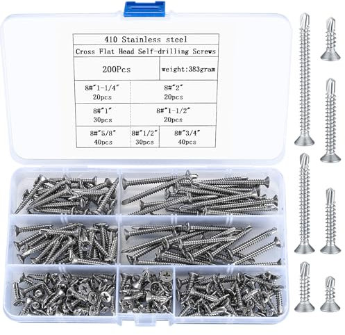 200 Stück selbstbohrende Schrauben, Kreuz Flachkopf Holzschrauben, Edelstahl Selbstschneidende Schrauben mit Bohrenden, Senkblechschrauben - M4.2 * 13mm/16mm/19mm/25mm/32mm/38mm/50 mm (silbrig)