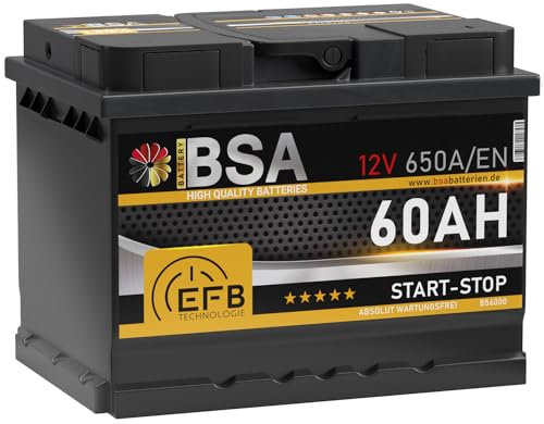 BSA EFB Batterie 60Ah 12V 650A/EN Start Stop Batterie Autobatterie Starterbatterie ersetzt 55Ah