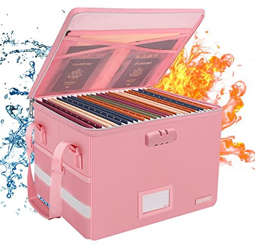 ENGPOW File Box with Lock, Fireproof Document Box with Zipper＆Pockets, Collapsible File Organizer Filing Storage Cabinet with Handle, Portable Home Office Safe for Hanging Letter/Legal Folder, Pink