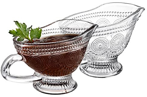 Kingrol 2 Pack 300ml Glass Gravy Boat, Sauces Boat for Salad Dressings Syrups Coffee Milk, Glass Serving Jug with Vintage Embossed Design