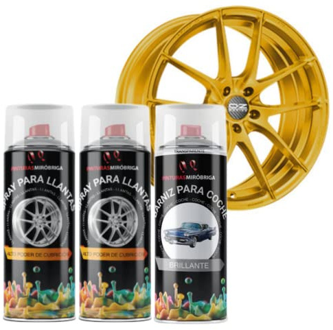 Pinturas Mirobriga Pack Spray pintura para llantas en color Dorado Ral 1036 x2unid. (400ml) + Spray Barniz Brillante Transparente x1unid.