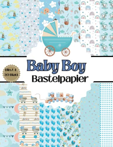 Baby Boy Bastelpapier: Scrapbooking Papier Baby Boy | Din A4, 20 Doppelseitige Seiten | für Babyparty, Geburtstag, Taufe, Babyshower, Geburt, ... Karten | Dekoratives Bastelpapier | Origami