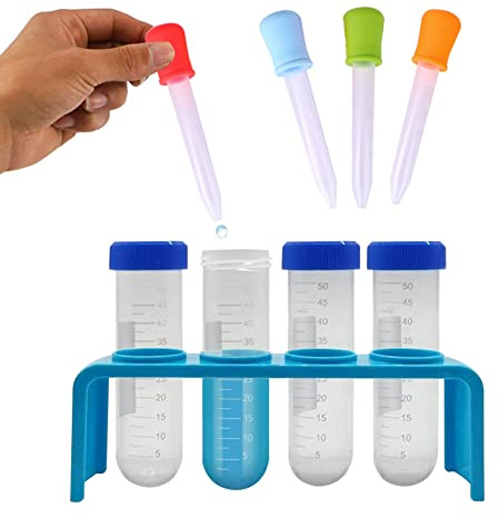 Juguetes educativos, 9 Piezas Tubos de ensayo para niños 50 ml Tubos de ensayo de plástico para niños Tubos de ensayo científico con Soporte y Punta para niños Ciencias educativas Juguete