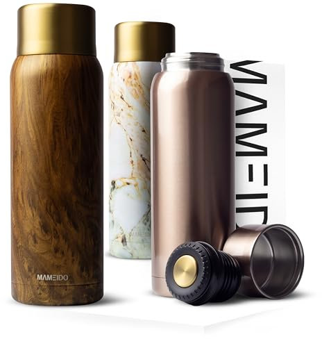 MAMEIDO Thermoskanne 1l mit Becher aus Edelstahl, Isolierkanne bis zu 12h heiß, auslaufsichere Thermosflaschen BPA frei, Kaffee & Tee unterwegs (Oak Wood Gold, 1000ml)