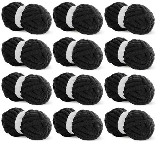 HOMBYS Chunky Chenille Yarn for Crochet Knitting Fluffy Super Thick Yarn for Hand Knitted Blankets, Soft Yarn, Jumbo Pack of 12 Balls, 82 ft, 227 Grams Per Ball, Black