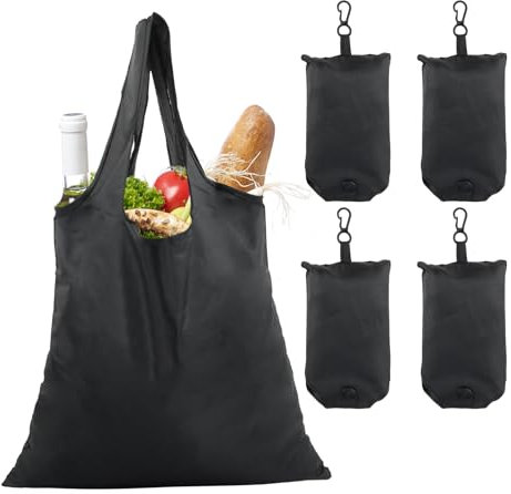 Rundago 4 Stück Faltbare Einkaufstasche mit Angebrachtem Beutel Schwarz, Waschbar, Dauerhaft und Leicht, 48x36,5 cm Wiederverwendbare Einkaufstasche, für den Täglichen Einkauf von Lebensmitteln