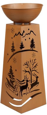 Haushalt International Dekosäule Pflanzenschale Blumenschale Gartendeko Außenlampe Pflanzsäule mit Weihnachtsmotiv, Metall Rost, Akku enthalten Timer, 1x LED warmweiß, H 59 cm