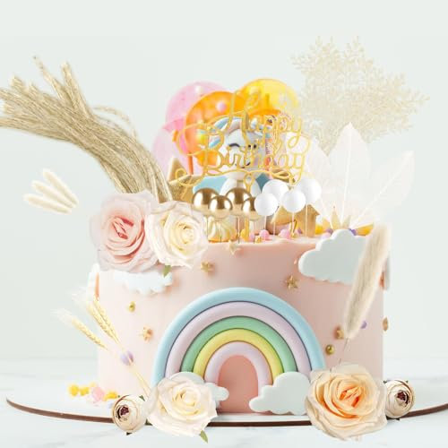 31 Pcs Decoration Gateau Anniversaire, Bohème Deco Gateau Anniversaire Decoration Gateau Mariage avec Fleurs Séchées Roses Feuilles de Palmier Herbe à Queue de Chien Boules Blanches et Dorées