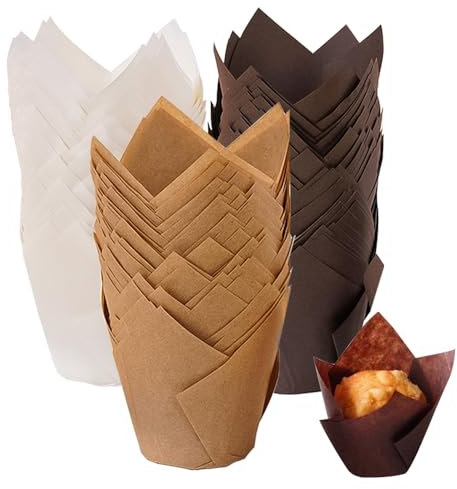 Tulip Muffin Paper Cups, 200 Pieces Muffin Paper Cups, Cupcake Moulds Paper, Cupcake Baking Cups, Baking Cups Paper for Wedding Birthday Communion Party 8 x 8 x 5 cm 3 Colours