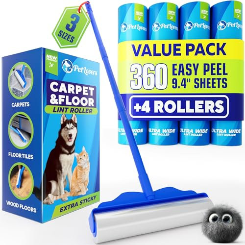 PetLovers Lot de 4 Rouleaux Laqueur Anti-peluches pour Sol, 1 Poteau avec Rouleau de Papier, 3 Grandes Recharges, 90 Feuilles Chacune, 360 Feuilles au Total