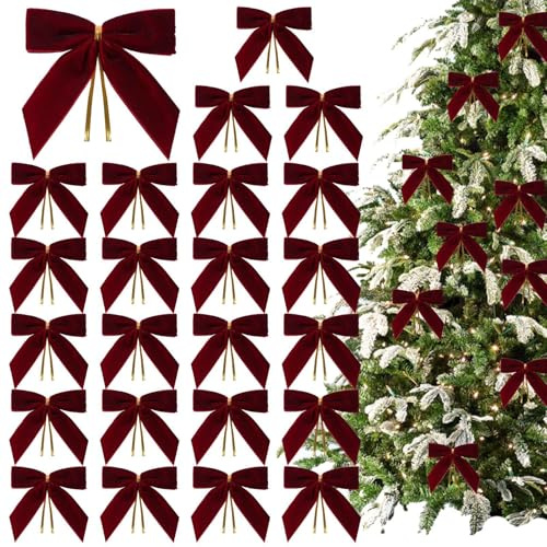 Lot de 24 nœuds en Velours pour Sapin de Noël - Nœuds en Velours Bordeaux pour Sapin de Noël