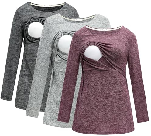 DDLUYY 3 confezioni di vestiti premaman a maniche lunghe da donna per allattamento al seno camicie da allattamento top, Nero+grigio+rosso, S