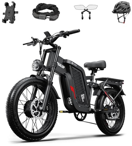 Vélo électrique pour adulte, double moteur, batterie lithium-ion 52V 24Ah, autonomie maximale de 45 à 90 kilomètres, pneus de 20 pouces de large, suspension intégrale, vélo électrique à 7 vitesses.