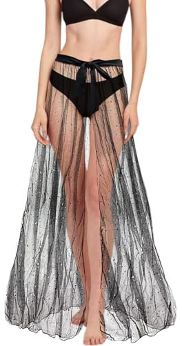 TUONYIS Damen Sexy Transparent Mesh Rock, Festival Outfit Glitzer Rock Damen, High Waist Maxirock Glitzer Sterne Schwarzer Tüllrock mit Pailletten, Drunter Star Long Dresses (Schwarz)