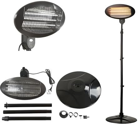 2KW Outdoor Free Standing Quartz Electric Patio Heater with Waterproof, 3 Power Settings and height Adjustable Stand & Tilt for Cozy Evenings (Black)