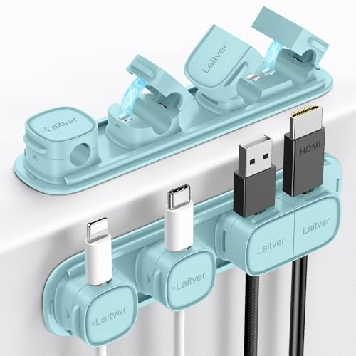 Cable Clips Holders - Laitver 6 Pack [Magnetic Buckle 1s Open/Lock] Cable Tidy Cord Organiser Management, No-Residue Strong Adhesive Desk Wire Charging Cords Keeper for Home, Office- Blue