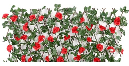 Zilimontt Traliccio espandibile da giardino in legno con fiori artificiali, recinzione per la privacy, pannello di estensione per balcone, cortile, patio, decorazione da parete, pianta rampicante