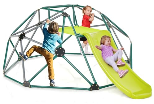 COSTWAY Kletterkuppel mit Rutsche, Klettergerüst in Kuppelform mit Stoffplattform, 180 kg Belastbarkeit, Outdoor & Indoor Spielplatz für Kinder ab 3 Jahren (Grün + Grau,Ø 183cm)
