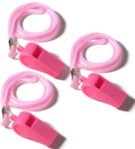 Quilax Silbato de plástico, silbato de plástico rosa con correa, silbato deportivo