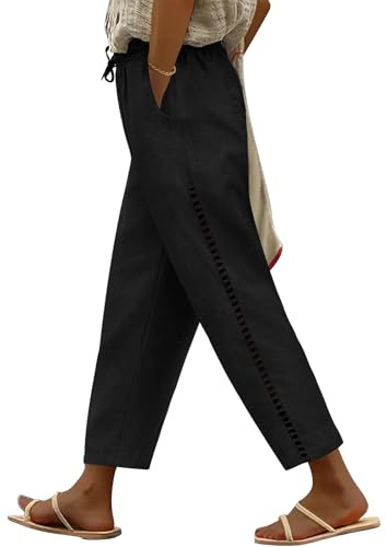 CMTOP Pantalones Mujer Verano Casuales de Lino Pantalon Elástico Cintura Suelta Pantalon Cómodo Ligero Pantalones Flojo Playa con Bolsillos Cordón (Negro, XXL)