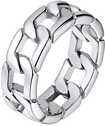 U7 Stainless Steel Mens Rings,Classic Silver Rings Cuban Link Chain Rings for Men Women Size 10