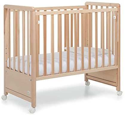 Foppapedretti Lettino Culla Pikkoletto con Sponda a Scomparsa, Made in Italy, Legno di Faggio, per bambini dalla nascita a 36 mesi, rete a doghe regolabile a tre altezze, materasso incluso, Naturale