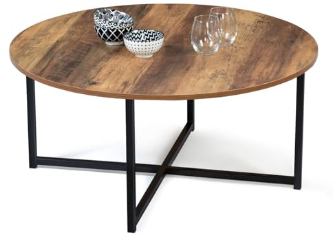 IDMarket - Mesa baja redonda Hawkins 80 cm, madera oscura, diseño industrial