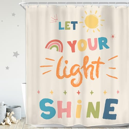 Homewelle Kids Quotes Shower Curtain Set Inspirational Cartoon Colorful Let You Light Shine Classical 60Wx72H Inch English Letter Sun Simple for Child Waterproof Polyester Fabric Bathroom Bathtub