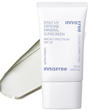 innisfree Daily Mineral UV Defense SPF 45 Face Sunscreen with Green Tint, Hyaluronic Acid, Korean Skincare, Color Correcting Formula