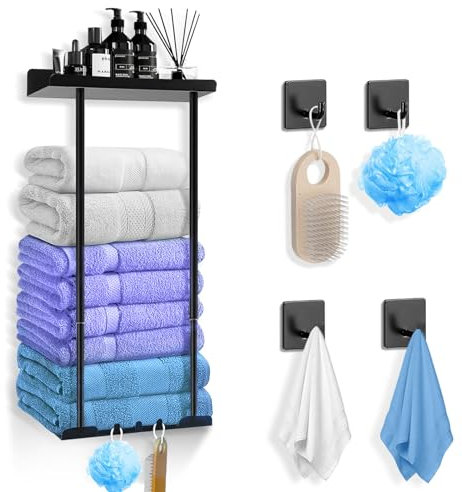 CUBTEM Toalleros de Baño sin Taladro,Toallero Adhesivo Negro con 4 Ganchos Adhesivos para Pared,Colgador Toalla Baño Extensible con Estante,para Pegar en la Pared del Caravanas Cocina y Baño,38-75 cm