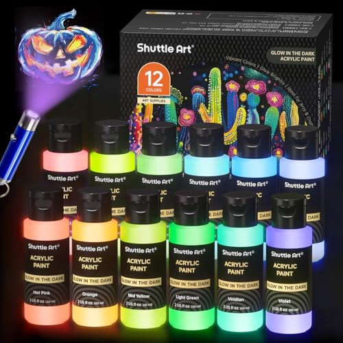 Shuttle Art Fluoreszierende Farbe, 12×60ml Leuchtfarben nachtleuchtend, Glow in the Dark nachtleuchtende Farben fürs Malen, Basteln, DIY auf Stein, Holz, Leinwand, Party, Halloween, Schwarzlicht Farbe