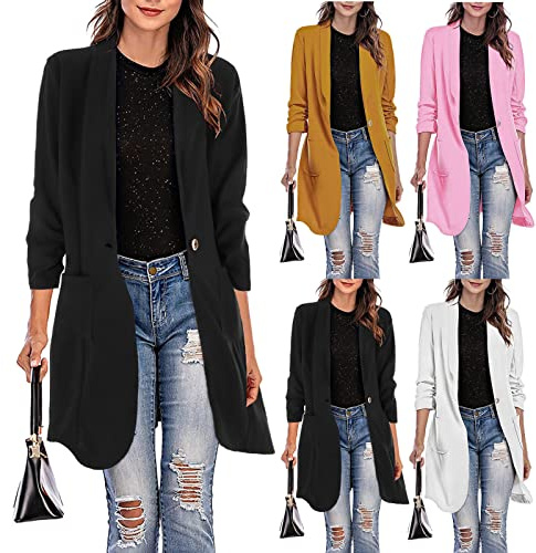 Générique Blazer Femme Chic et Elegant Long Tailleur Manches 3/4 Couleur Unie Surchemise Slim Fit Veste Blazer Casual Double Breasted Tailleur Cintrée Habillée Costume Jacket Manteau