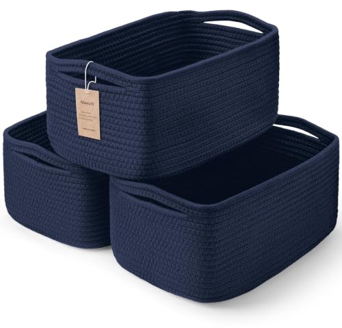 3 Pack Small Storage Baskets for Organizing, 30x20x12cm, Navy Blue | Woven Baskets for Shelves, Cotton Rope Basket for Gifts Empty, Closet Organizer Bins with Handles, Cube Decorative Box